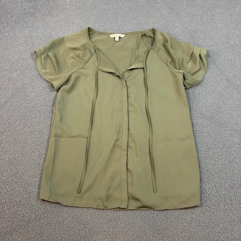 41 Hawthorn Blouse Womens Small Olive Green SFT9608 Short Sleeve Pleated V-Neck